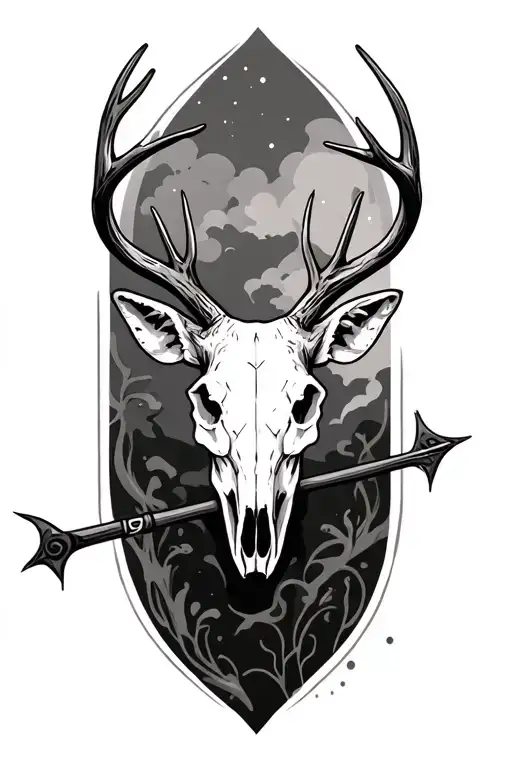 deer skull and archery tattoo design idea