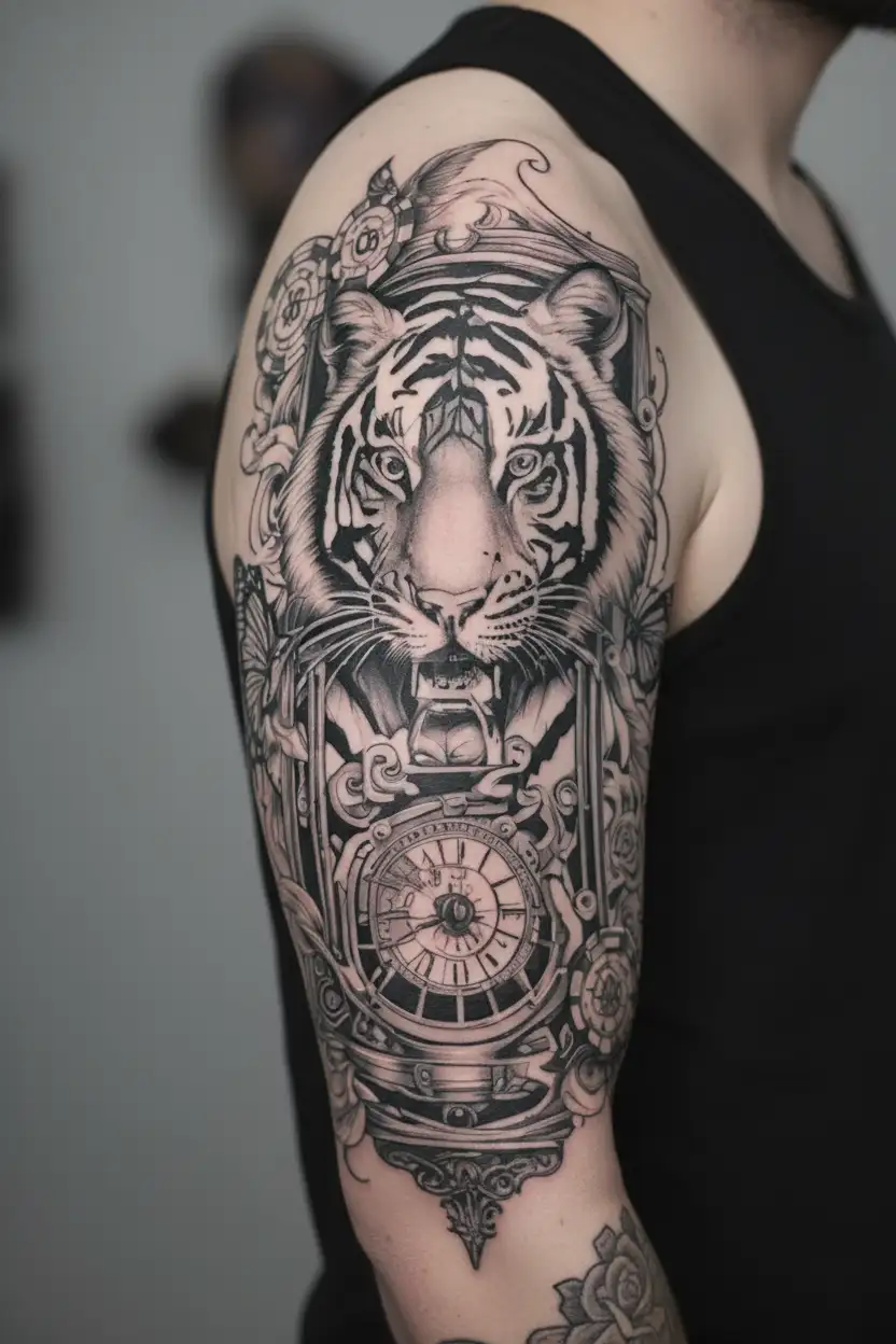 Create an arm sleeve tattoo with a tigers face, a bird flying from a cage with casino chips inside of it on fire, and fa tattoo design idea