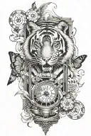 Create an arm sleeve tattoo with a tigers face, a bird flying from a cage with casino chips inside of it on fire, and fa tattoo design idea