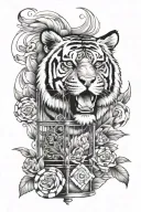 Create an arm sleeve tattoo with a tigers face, a bird flying from a cage with casino chips inside of it on fire, and fa tattoo design idea
