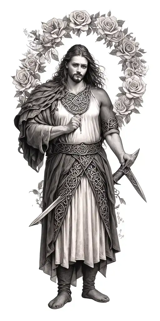 very very  old Celtic man  posing holding a sword  and the woman is surrounded in a circle of roses tattoo design idea
