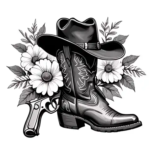 cowboy boots with a cowboy hat and the October birth flower and a gun tattoo design idea