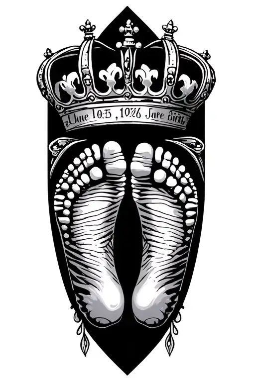 Two pairs of baby footsteps, each pair with a name and the date of birth in roman numerals. A queens crown inside a hear tattoo design idea