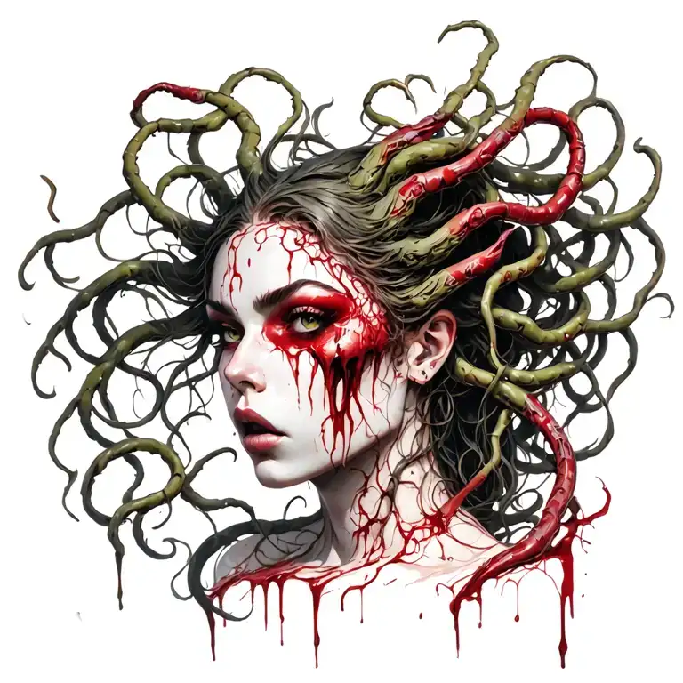 blood thirsty medusa woman in the style of witchblade character Masane Amaha tattoo design idea