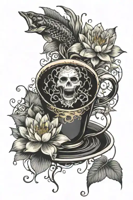 Coffee Cup with Pisces Sign, 666 and water lily flower tattoo design idea
