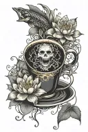 Coffee Cup with Pisces Sign, 666 and water lily flower tattoo design idea