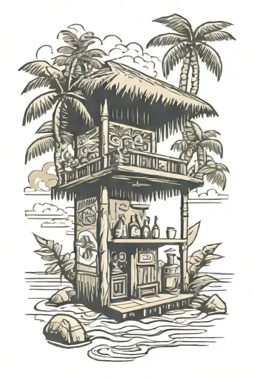 tiki bar on tropical beach scene tattoo design idea