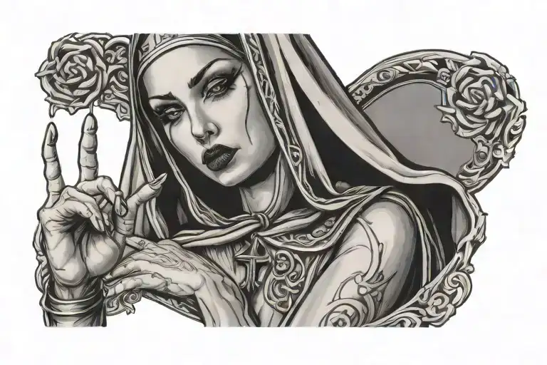evil sexy nude nun middle finger lips  touch tattoo design idea
