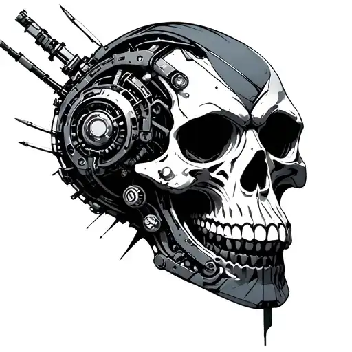 A blackwork-style futuristic cyberpunk tattoo design featuring a biomechanical skull with cybernetic implants, abstract  tattoo design idea