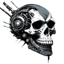 A blackwork-style futuristic cyberpunk tattoo design featuring a biomechanical skull with cybernetic implants, abstract  tattoo design idea