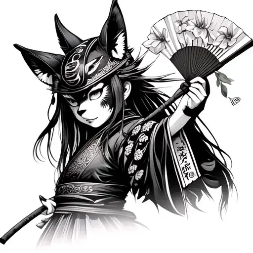 japanese samurai girl wearing a kitsune mask and holding a fan with irises flowers tattoo design idea