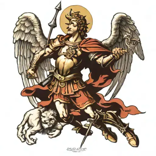 A dramatic, chiaroscuro-style depiction of Saint Michael the Archangel in the midst of a fierce battle with the devil. T tattoo design idea