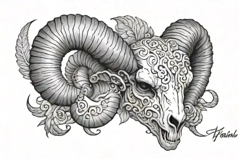 Draw a ram skull, black and white style, volumetric with shadows, in Slavic style,, parallel worlds, alternative tattoo design idea