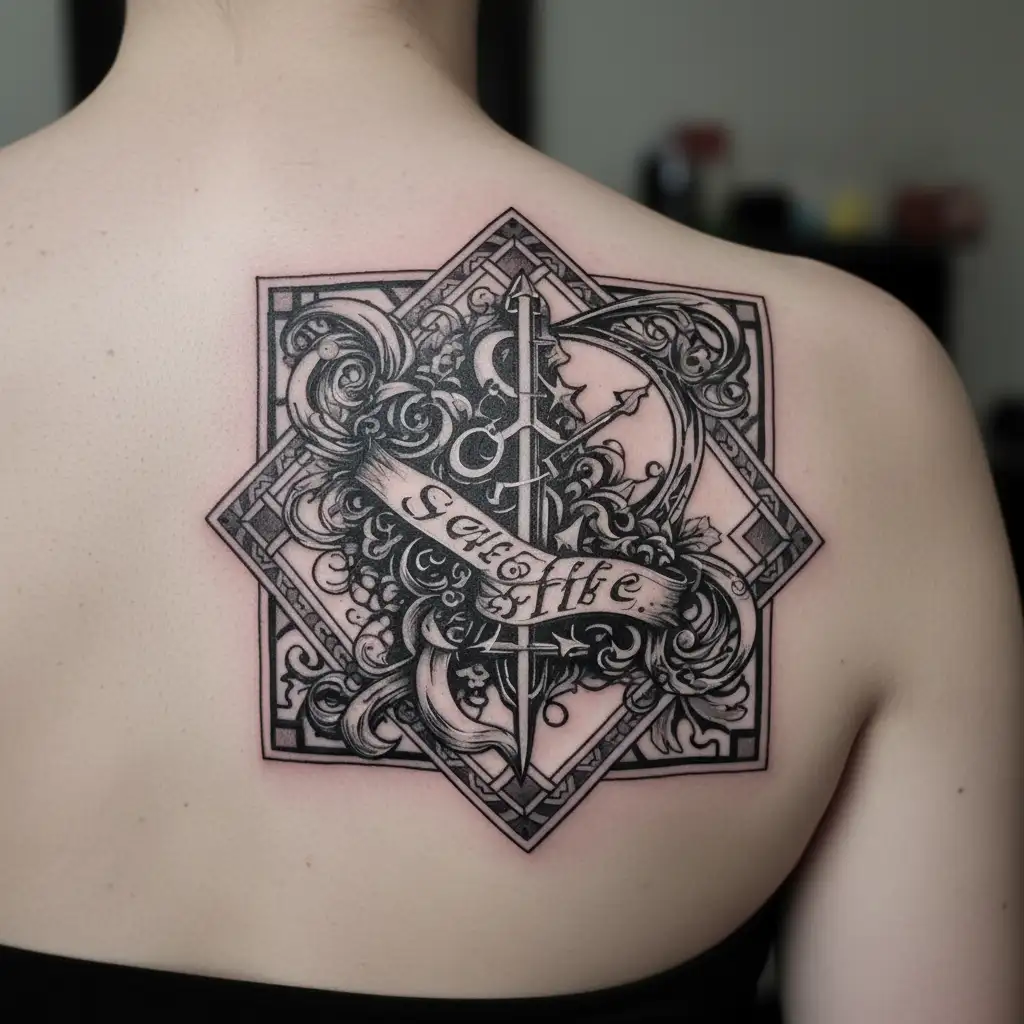 Sacrifice in cursive with filler background tattoo design idea