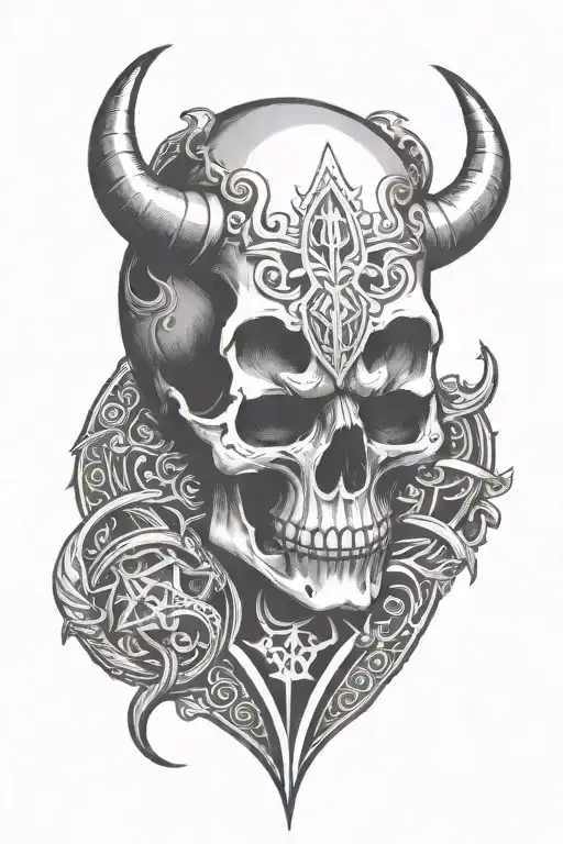 rune carved skull with horns tattoo design idea