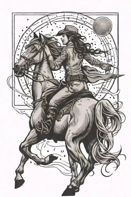 capricorn constellation above cowgirl on horse galloping tattoo design idea