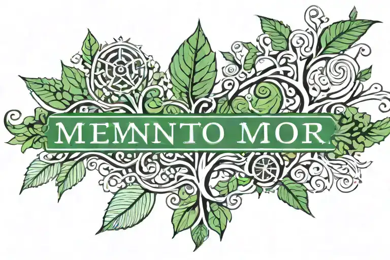 Memento Mori memento vivere text. A symbol of a tree dying with a single green leaf  tattoo design idea
