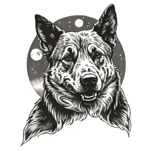 blue heeler and crescent moon tattoo design idea