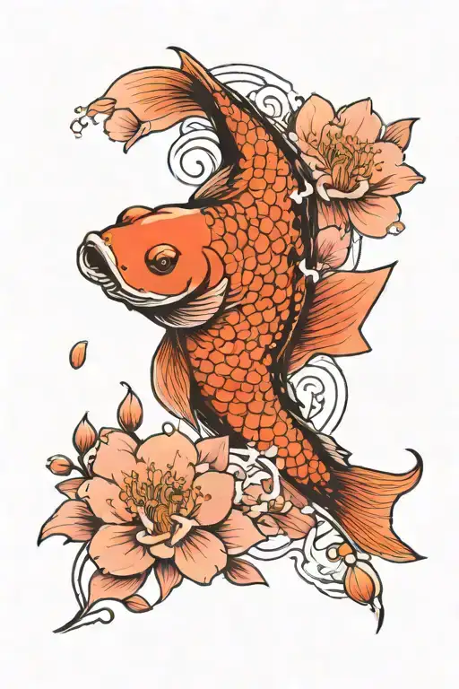 koi fish swimming upstream surrounded by blooming flowers and cherry blossoms tattoo design idea