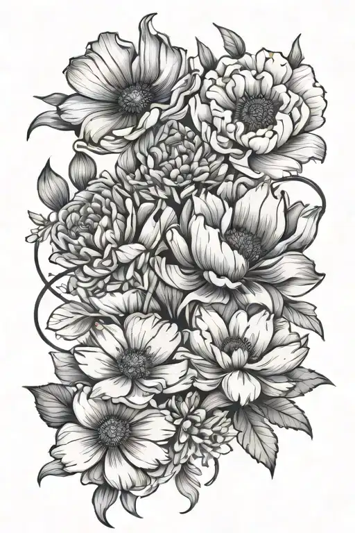 carnation, poppy, water lily and daisy  tattoo design idea