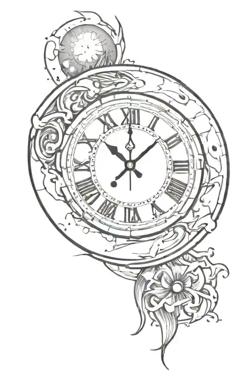 Clock with 12:00 AM as main focus. With the moon, the sun and the earth, with a small capricorn sign tattoo design idea