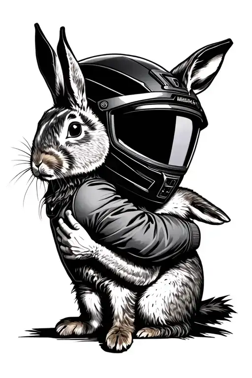 A man wearing a motorcycle helmet and hugging a rabbit. tattoo design idea
