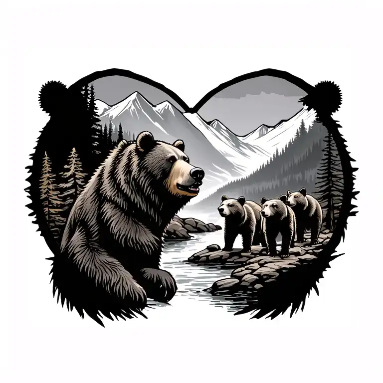 An adult bear with three different troop bear in a mountain decor with a river tattoo design idea