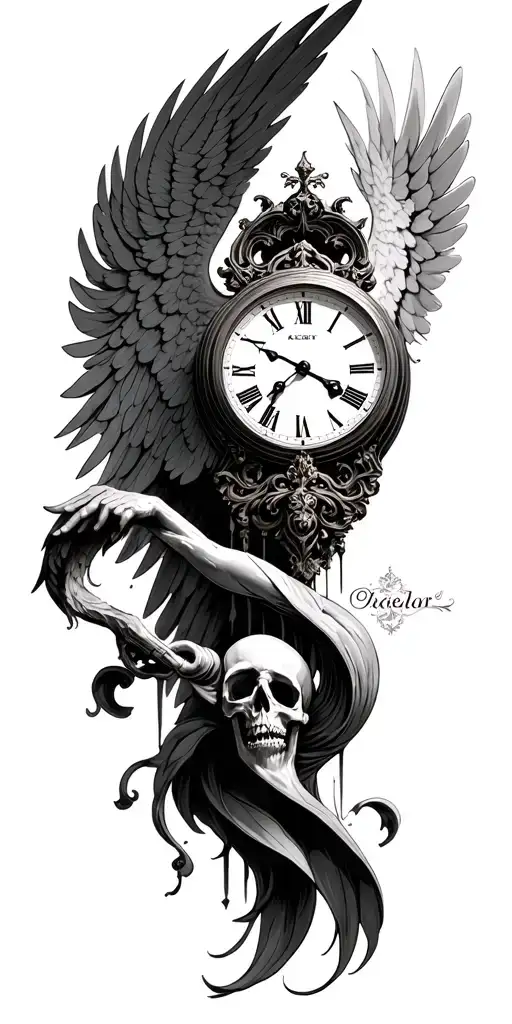 An angel who blows on the needle of a clock with the death that blows in the other for Accelrre tattoo design idea