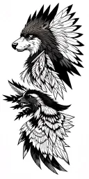 wolf and eagle and Native American warrior in the forest tattoo design idea