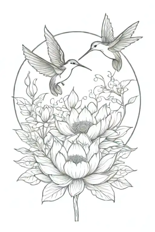 lotus flower, humming bird, tree of life intertwined tattoo design idea