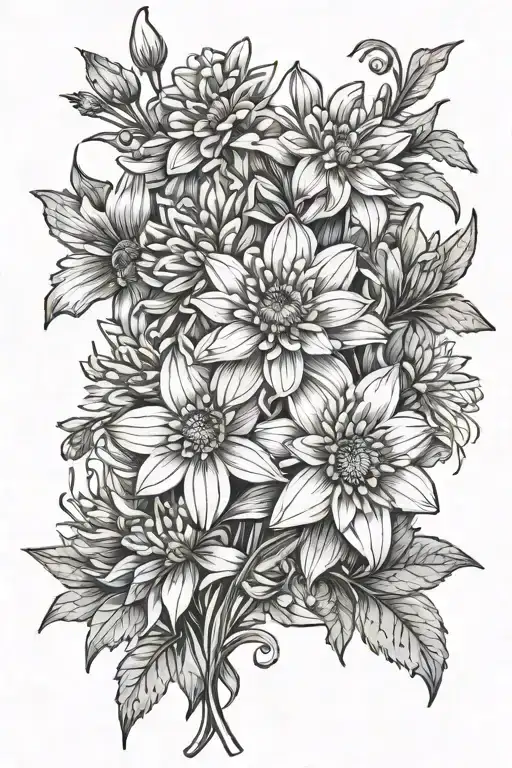 1 chrysanthemum flower, 2 daffodil flowers, 1 violet flower, 2 asters, 1 daisy tattoo design idea
