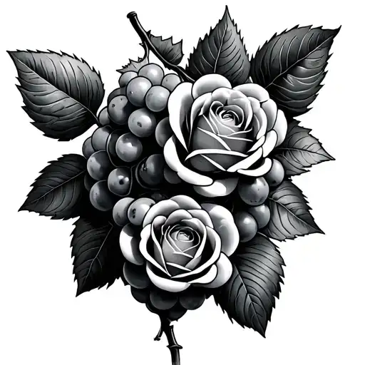 grapes roses intertwined tattoo design idea