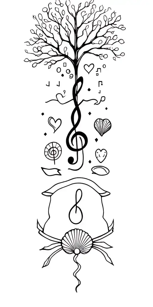 Minimalist tattoo for left arm including a tree, a treble clef, a sea shell, a heart, a ribbon and a cat face tattoo design idea