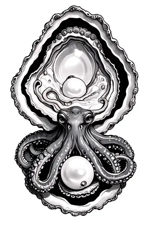 Octopus opening a oyster with a pearl inside with no teet tattoo design idea
