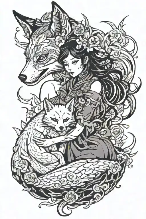 kitsune and girl holding tattoo design idea