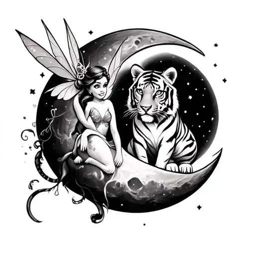 Tiger combined with tinkerbell sitting on moon tattoo design idea