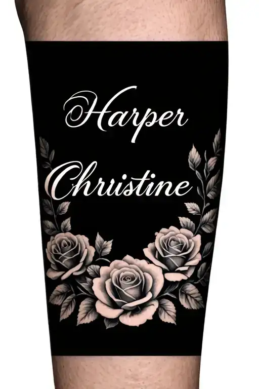 "Harper Christine" forearm tattoo with font and roses blooming tattoo design idea