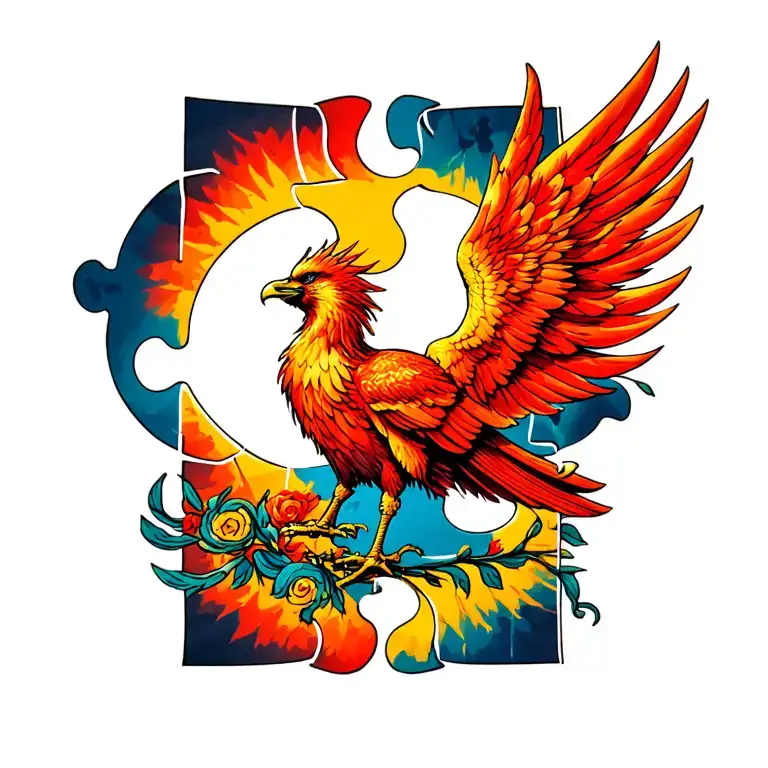 phoenix with autism puzzle piece morphing tattoo design idea