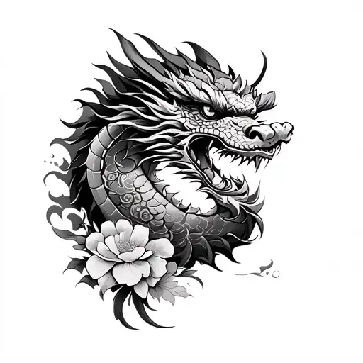 japanese samurai, temple, floral dragon piece tattoo design idea