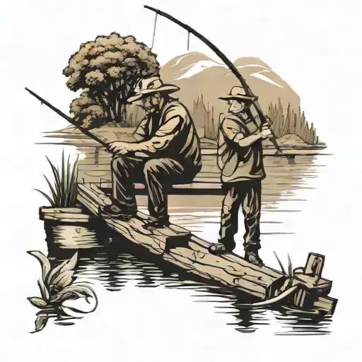 father and a son fishing on a lake in memory of the fathers passing tattoo design idea