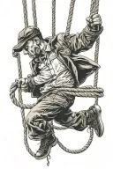 man with French flat cap hanging on rope tattoo design idea