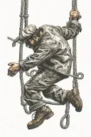 man with French flat cap hanging on rope tattoo design idea