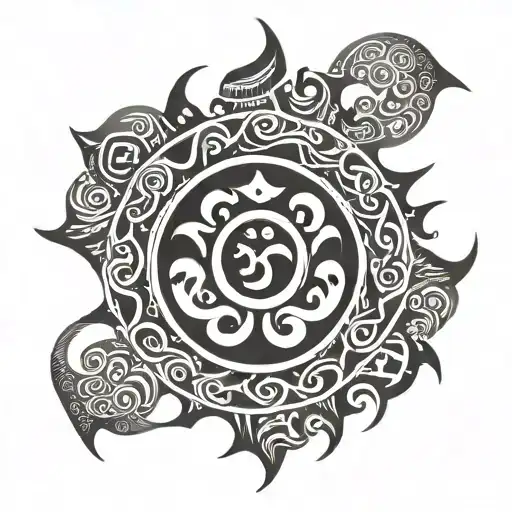 circular tattoo with om in centre surrounded with circular pattern tribal wave tattoo design idea