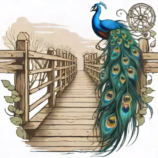 wooden bridge with peacock feather intertwined tattoo design idea