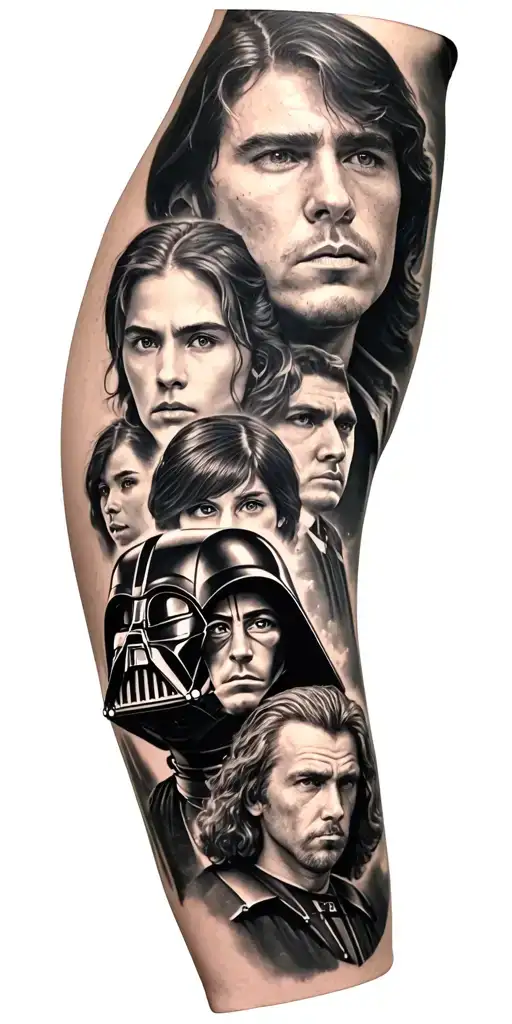 black and gray, realism-style, full sleeve Star Wars piece with Han Solo, Leia, Anakin, Obi-Wan, and Darth Vader: tattoo design idea
