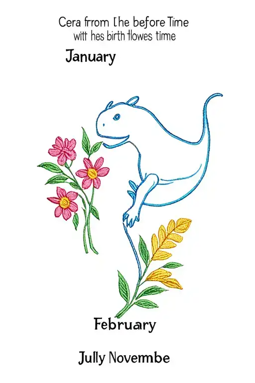 embroidered style. cera from the land before time movie with the birth flowers of January, February, July and Novembe tattoo design idea