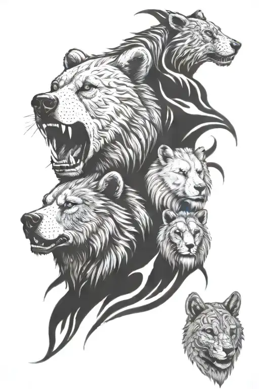 Bear with wolf and lion sleeve tattoo tattoo design idea