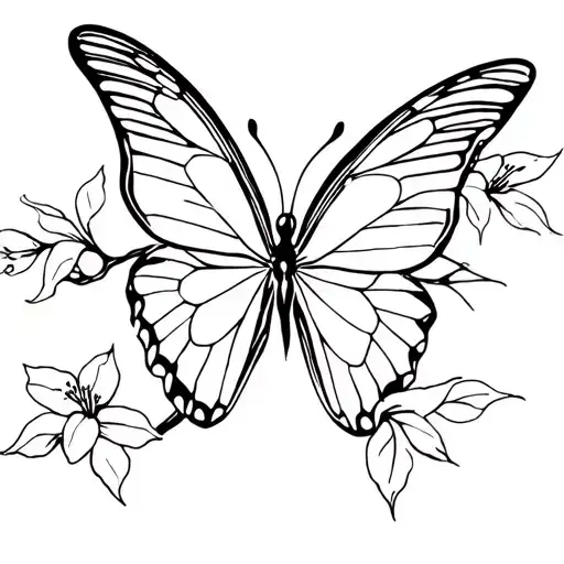Butterfly Flowers Leafs Cherry Blossom fine line tattoo tattoo design idea