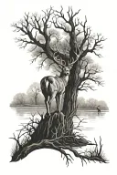 black and white image of buck deer standing alert by dead tree and mallards flying by swampy area tattoo design idea
