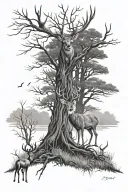 black and white image of buck deer standing alert by dead tree and mallards flying by swampy area tattoo design idea
